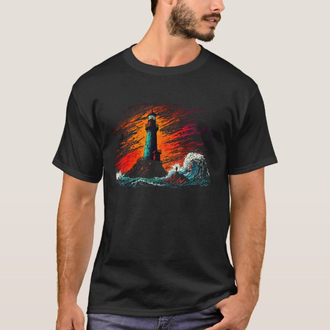 Lighthouse stormy waves beautiful  watercolour art T-Shirt (Front)