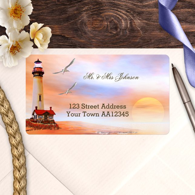Lighthouse Sunset Address Label (Wedding address label with a painting of a lighthouse at sunset)