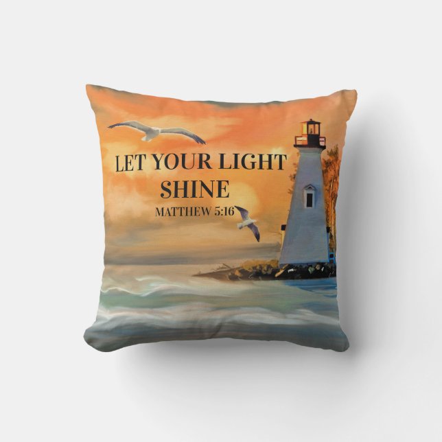 Lighthouse Sunset Bible Verse Let Light Shine Throw Pillow (Front)