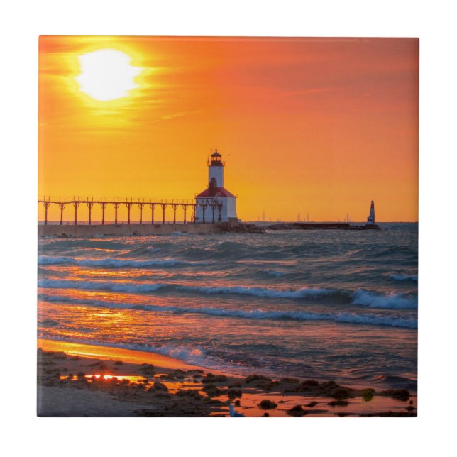 Lighthouse Sunset Ceramic Tile (Front)