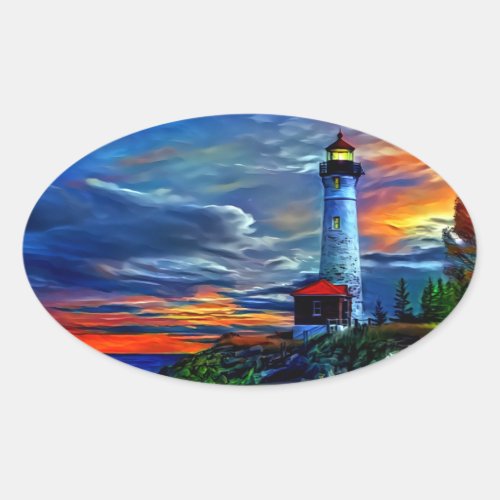 Lighthouse Sunset Oval Sticker