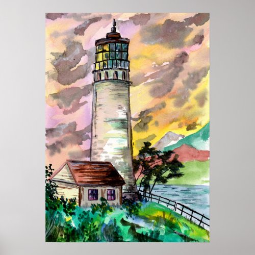 Lighthouse Sunset Poster