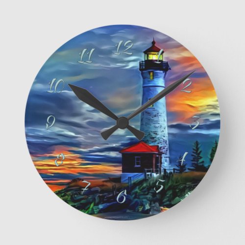Lighthouse Sunset Round Clock