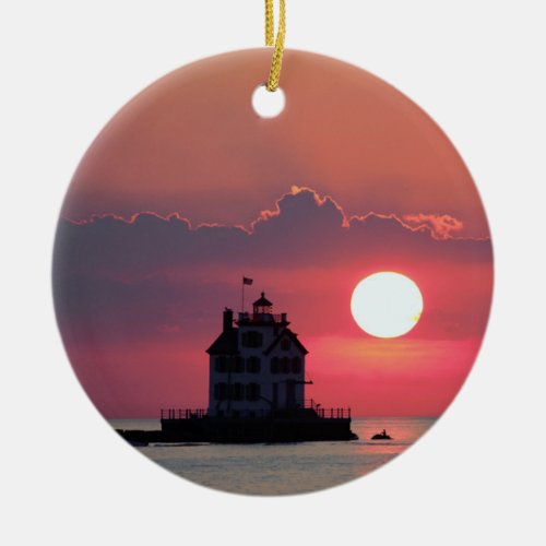 Lighthouse Sunset Scene Ceramic Ornament