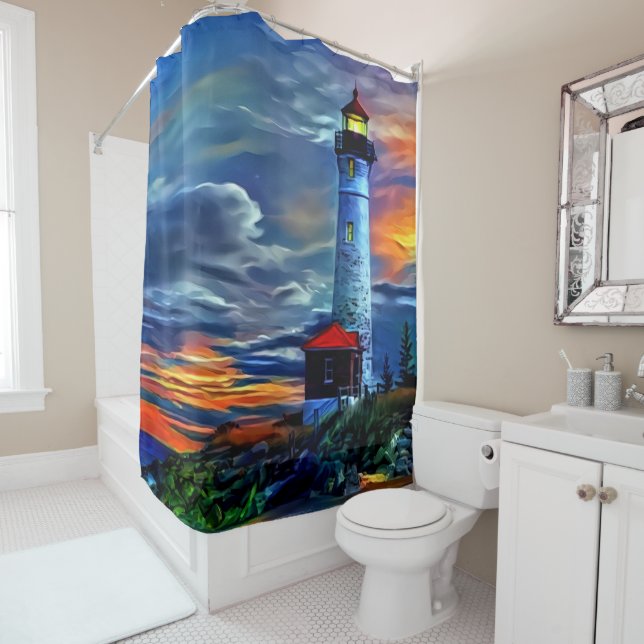 Lighthouse Sunset Shower Curtain (In Situ)