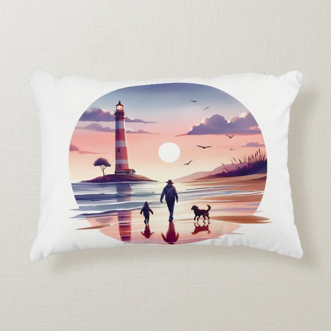 Lighthouse Sunset Walk Coastal Scene Accent Pillow (Front)