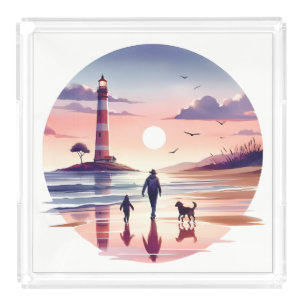 Lighthouse Sunset Walk Coastal Scene Acrylic Tray
