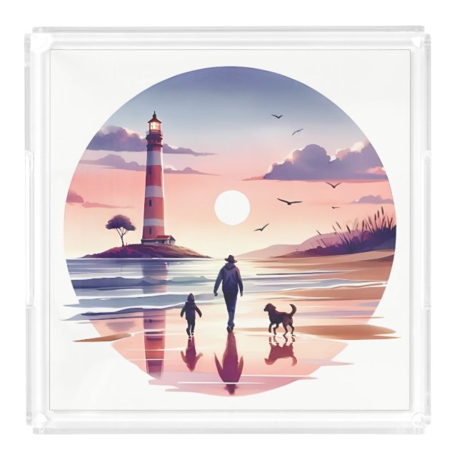 Lighthouse Sunset Walk Coastal Scene Acrylic Tray (Front)