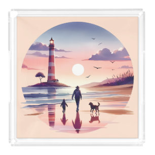Lighthouse Sunset Walk Coastal Scene Acrylic Tray
