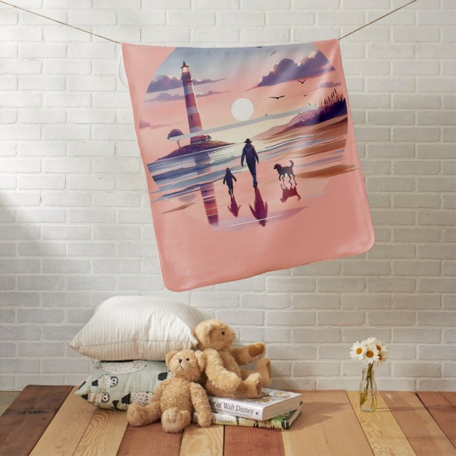 Lighthouse Sunset Walk Coastal Scene Baby Blanket (In Situ)