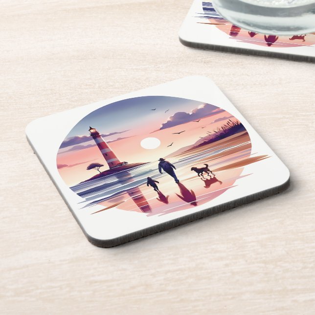 Lighthouse Sunset Walk Coastal Scene Beverage Coaster (Left Side)