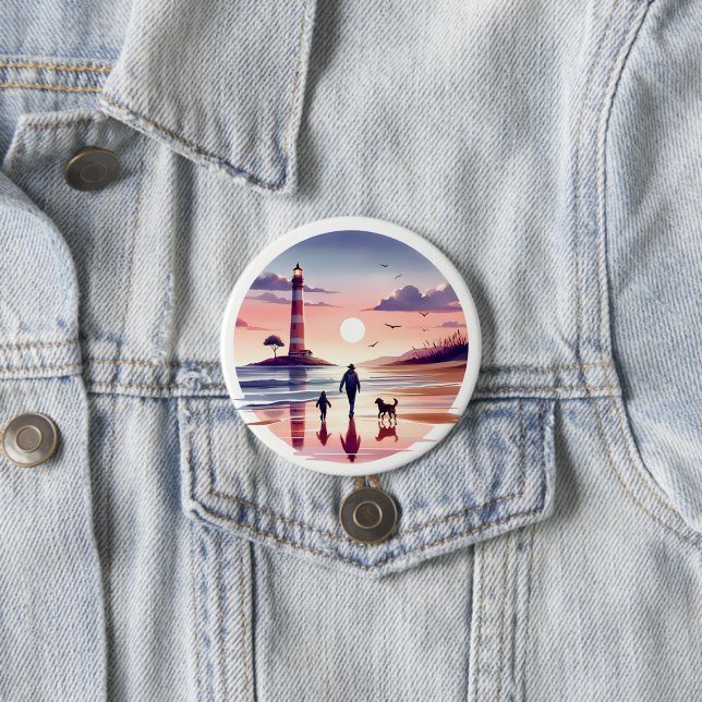 Lighthouse Sunset Walk Coastal Scene Button (In Situ)