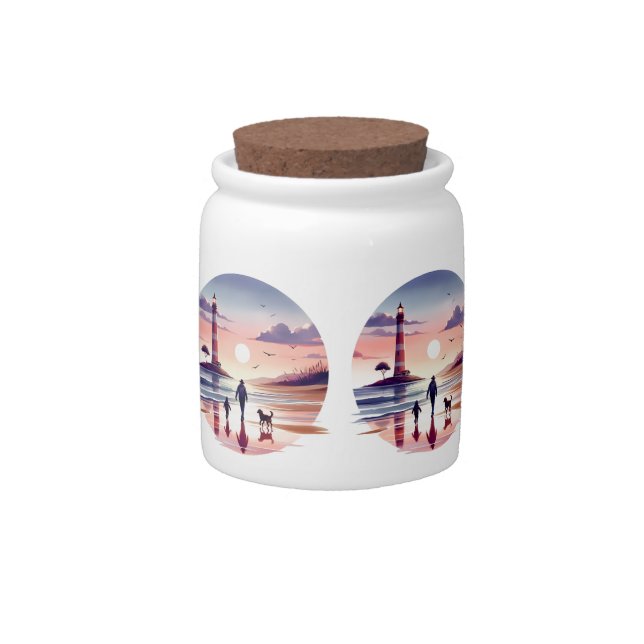 Lighthouse Sunset Walk Coastal Scene Candy Jar (Front)
