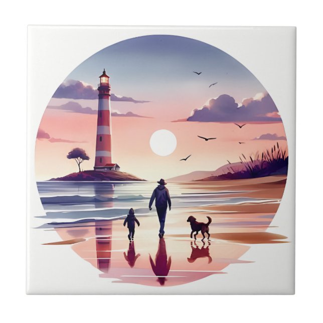 Lighthouse Sunset Walk Coastal Scene Ceramic Tile (Front)