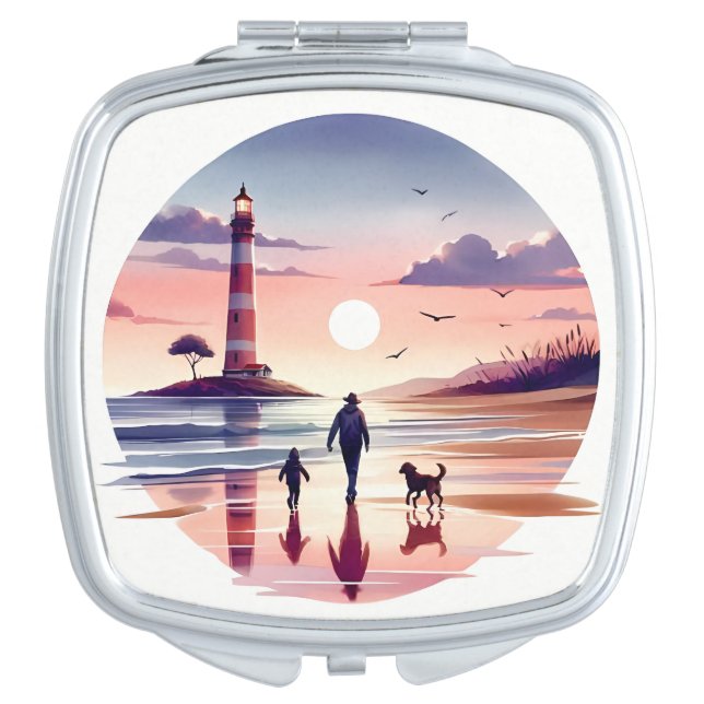 Lighthouse Sunset Walk Coastal Scene Compact Mirror (Front)
