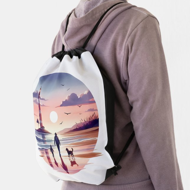 Lighthouse Sunset Walk Coastal Scene Drawstring Bag (Insitu)