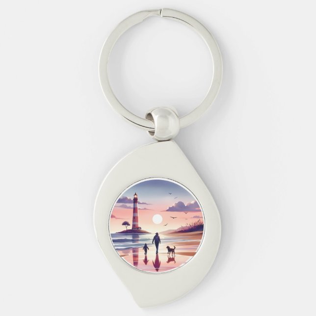 Lighthouse Sunset Walk Coastal Scene Keychain (Front)