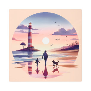 Lighthouse Sunset Walk Coastal Scene Metal Print