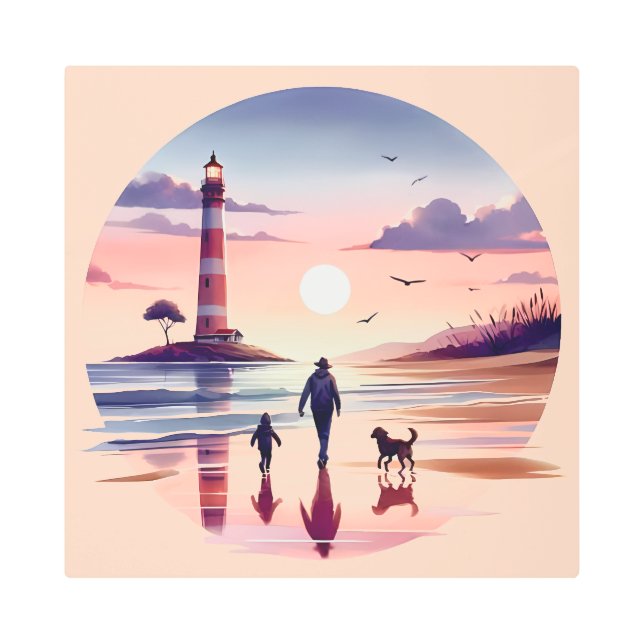 Lighthouse Sunset Walk Coastal Scene Metal Print (Front)