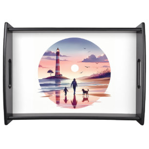 Lighthouse Sunset Walk Coastal Scene Serving Tray