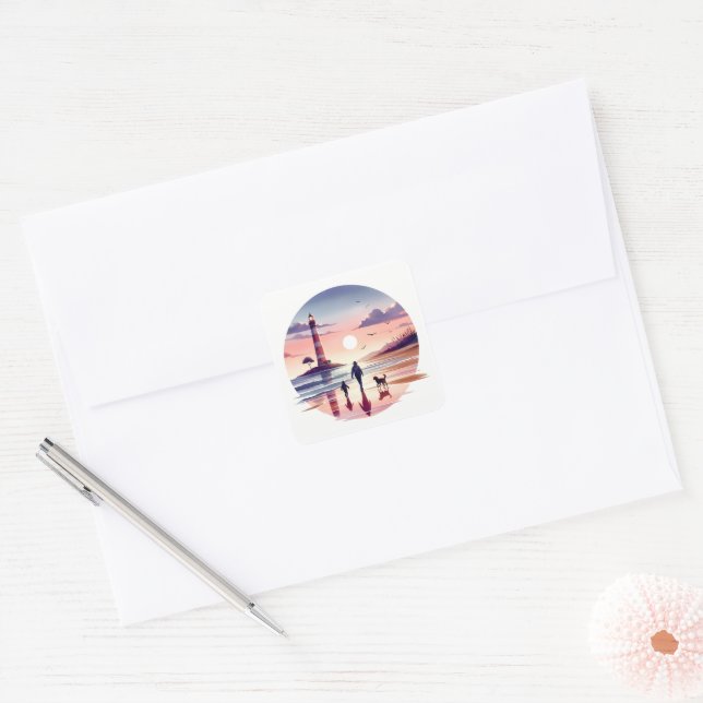 Lighthouse Sunset Walk Coastal Scene Square Sticker (Envelope)