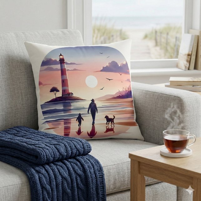 Lighthouse Sunset Walk Coastal Scene Throw Pillow (Lighthouse Sunset Walk Coastal Scene White Throw Pillow Mockup A)