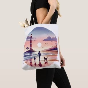 Lighthouse Sunset Walk Coastal Scene Tote Bag