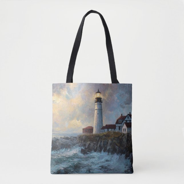 Lighthouse Textured Oil Painting Tote Bag (Front)