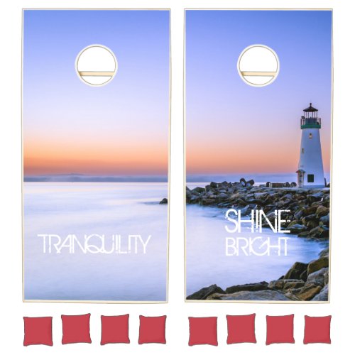 Lighthouse Tranquility Pastel Sunset Rocky Beach Cornhole Set