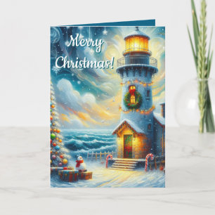 Lighthouse & Tree – Coastal Nautical Christmas Holiday Card