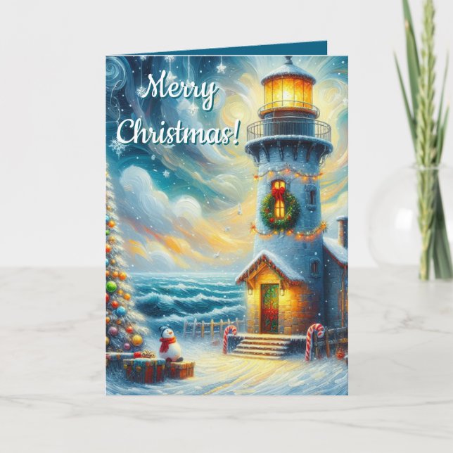 Lighthouse & Tree – Coastal Nautical Christmas Holiday Card (Front)