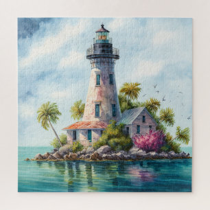 Lighthouse Tropical Beach Palm Trees Jigsaw Puzzle