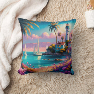Lighthouse Tropical Island Palm Trees Boats Throw Pillow