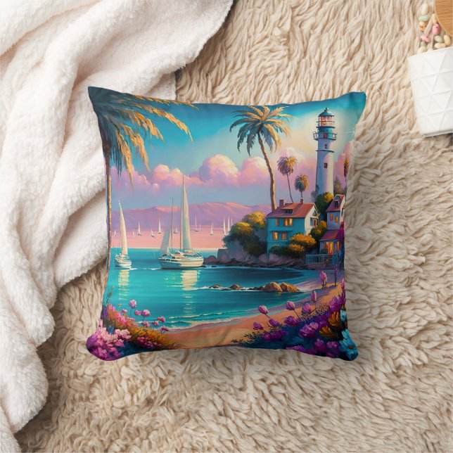 Lighthouse Tropical Island Palm Trees Boats Throw Pillow (Blanket)