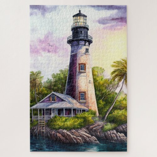 Lighthouse Tropical Island Palm Trees Jigsaw Puzzle