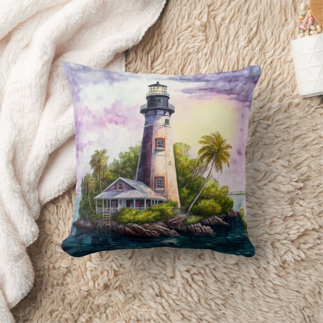 Lighthouse Tropical Island Palm Trees Throw Pillow (Blanket)