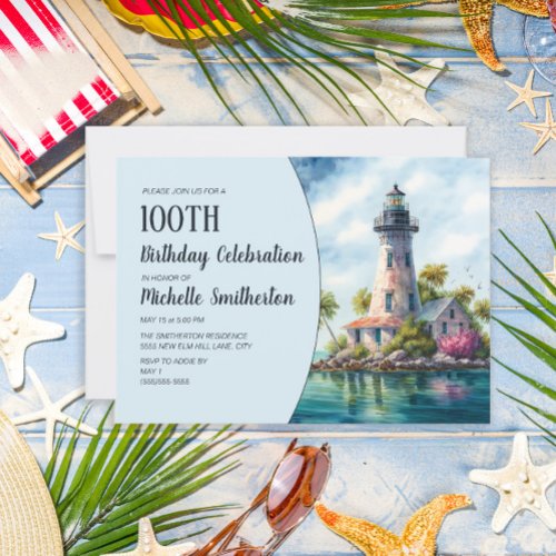 Lighthouse Tropical Palm Trees 100th Birthday Invitation