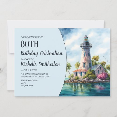Lighthouse Tropical Palm Trees 80th Birthday Invitation