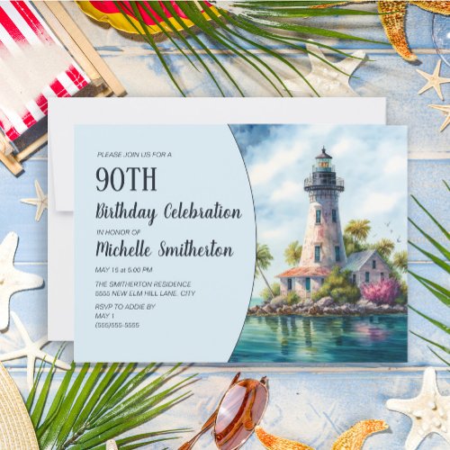 Lighthouse Tropical Palm Trees 90th Birthday Invitation