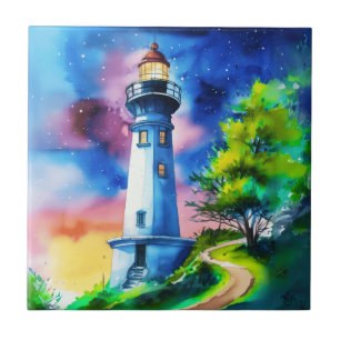 Lighthouse Under a Starry Sky Ceramic Tile