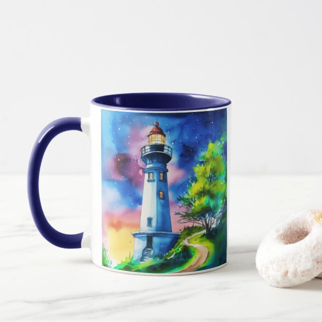 Lighthouse Under a Starry Sky Mug (With Donut)