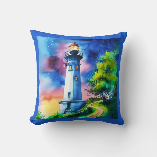 Lighthouse Under a Starry Sky Throw Pillow (Front)