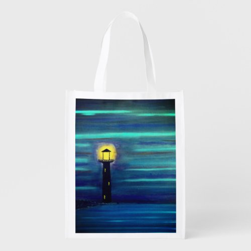 Lighthouse Under The Moon Grocery Bag