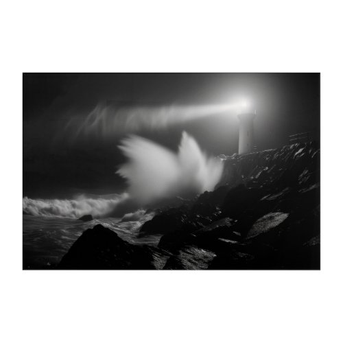 Lighthouse Vigil Over Stormy Seas Monochrome Art