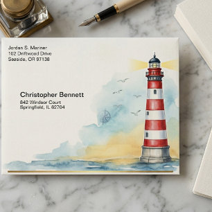 Lighthouse Watercolor Dual Address Postal Envelope Mailers