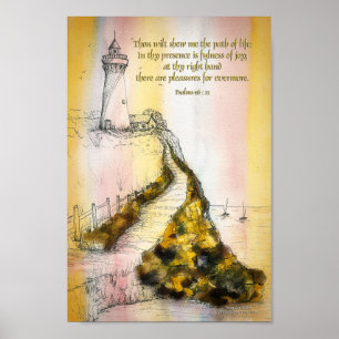 Lighthouse Watercolor Ink Psalm 16:11 Poster