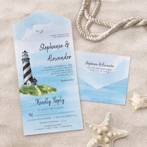 Lighthouse Watercolor Modern Nautical Wedding All In One Invitation