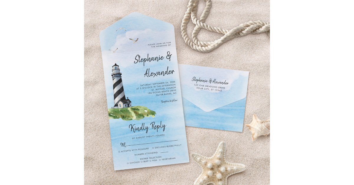 Lighthouse Watercolor Modern Nautical Wedding All In One Invitation ...