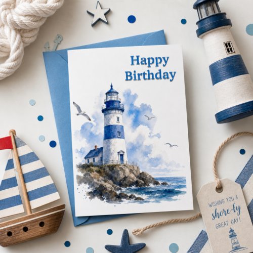Lighthouse Watercolor Nautical Birthday  Card