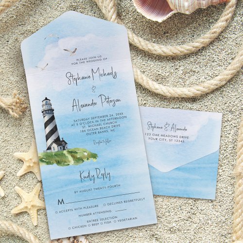 Lighthouse Watercolor Nautical Wedding All In One Invitation
